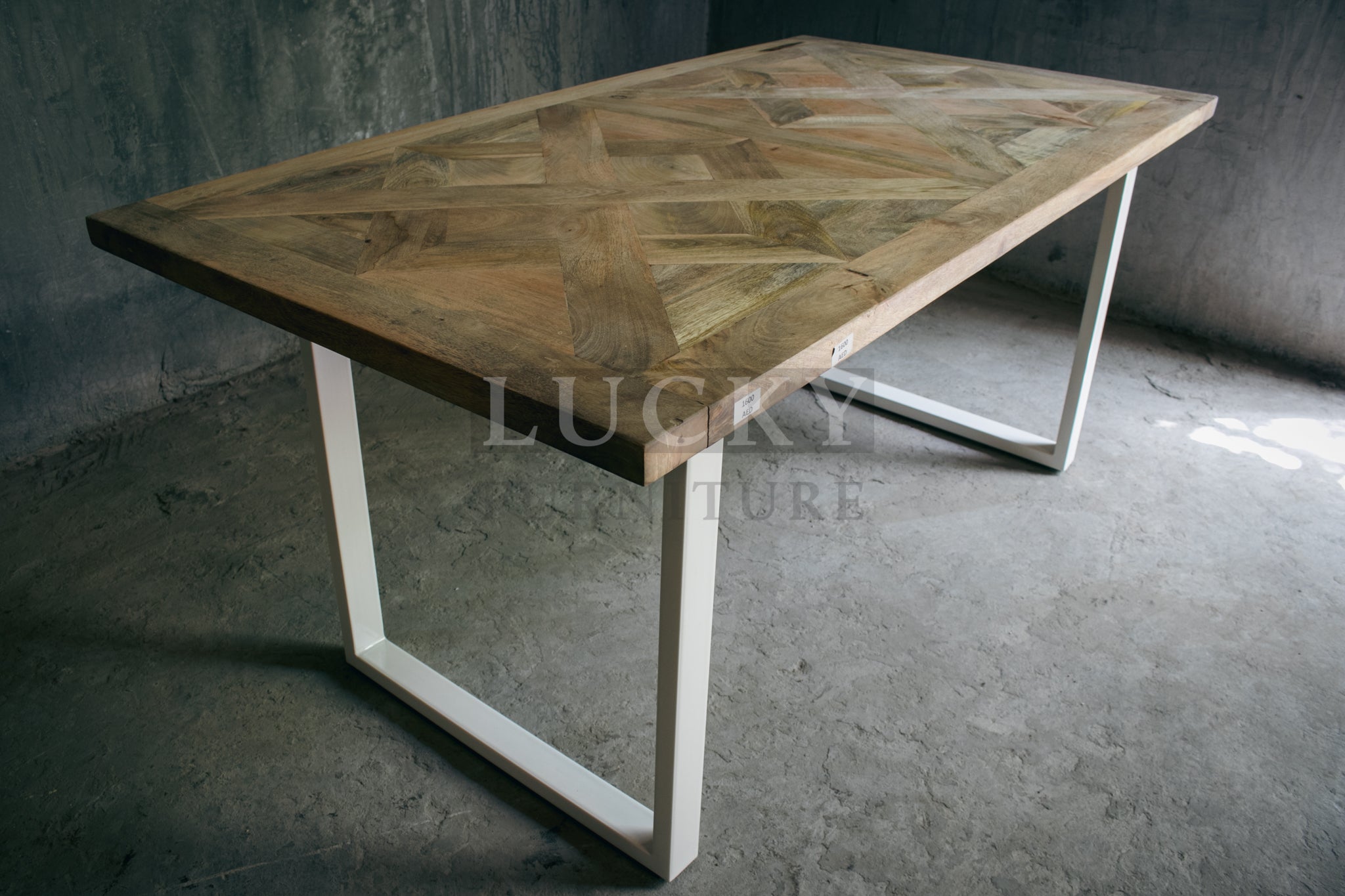 Chevron Mango Wood Dining Table with White Metal Legs