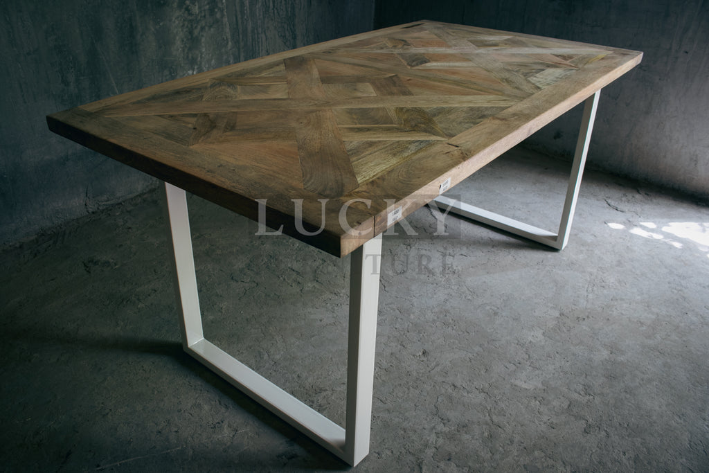 Chevron Mango Wood Dining Table with White Metal Legs
