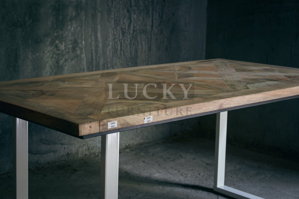 Chevron Mango Wood Dining Table with White Metal Legs