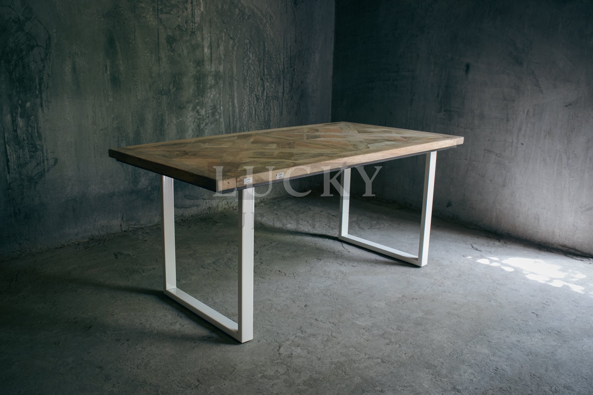 Chevron Mango Wood Dining Table with White Metal Legs