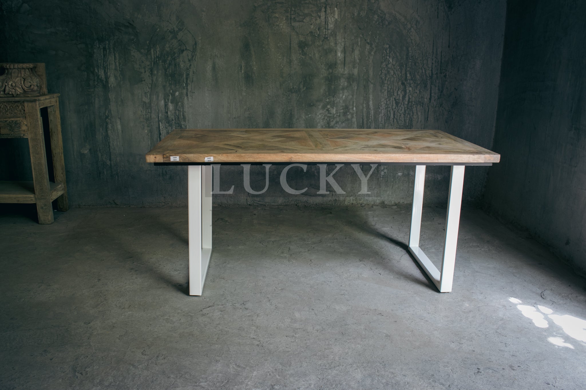 Chevron Mango Wood Dining Table with White Metal Legs