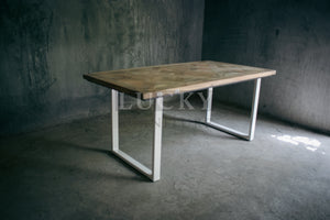 Chevron Mango Wood Dining Table with White Metal Legs