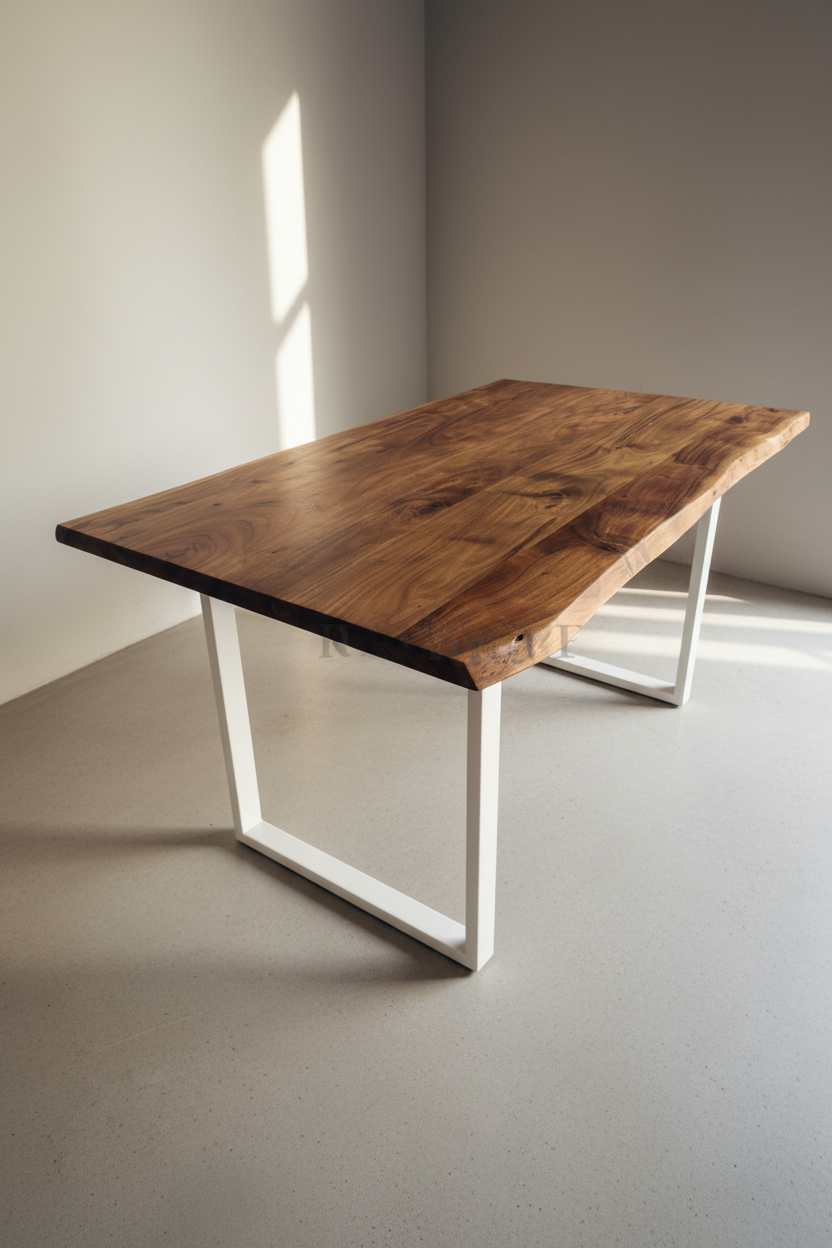 Live Edge Acacia Wood Table with White Metal Legs