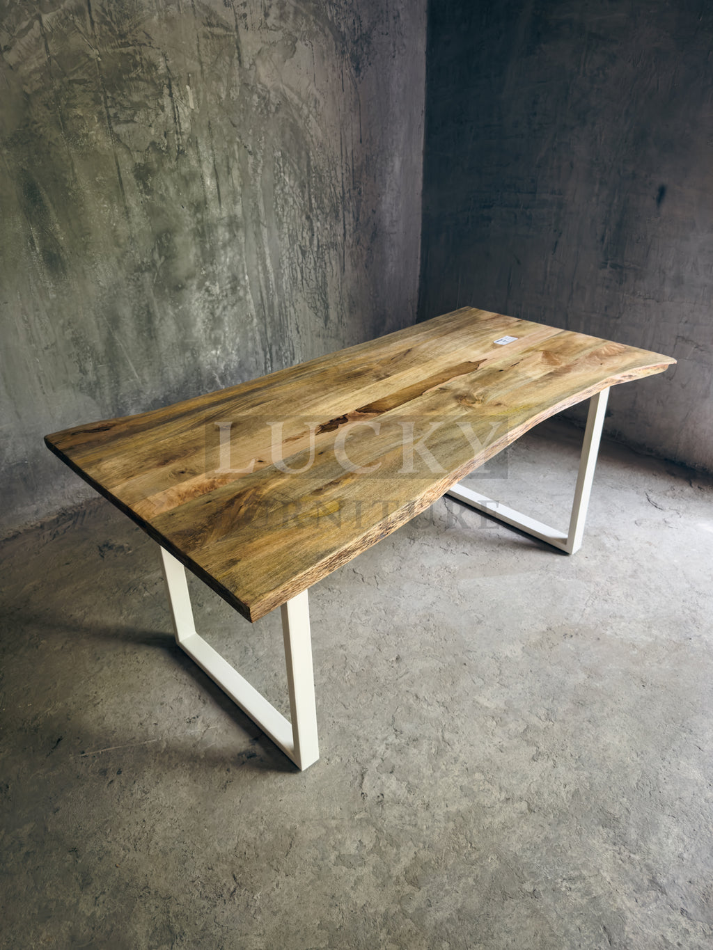Live Edge Mango Wood Dining Table U White legs