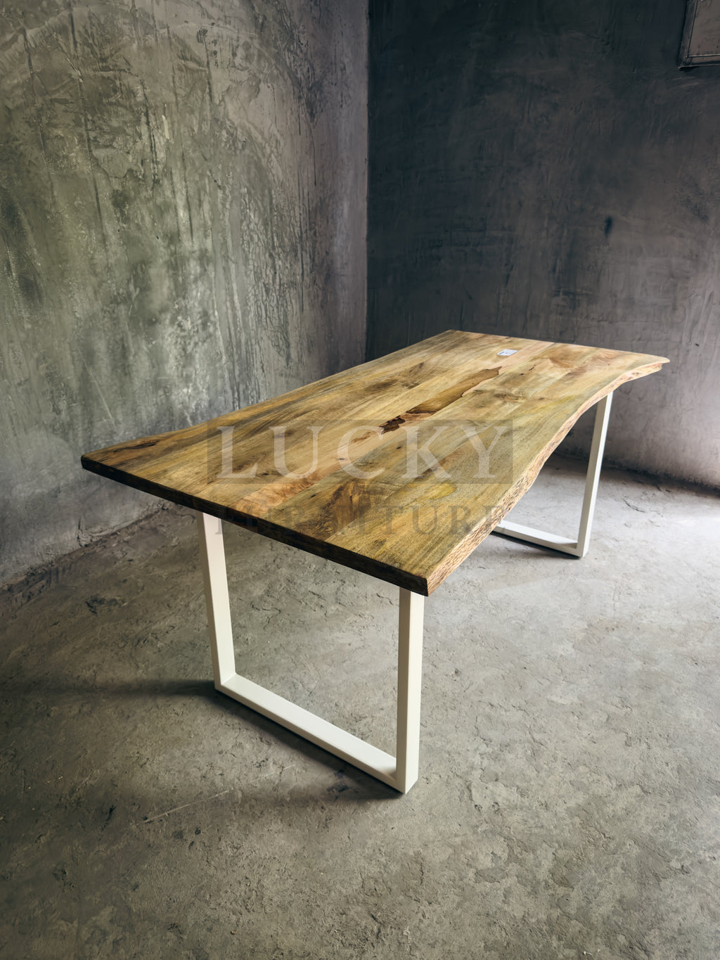Live Edge Mango Wood Dining Table U White legs