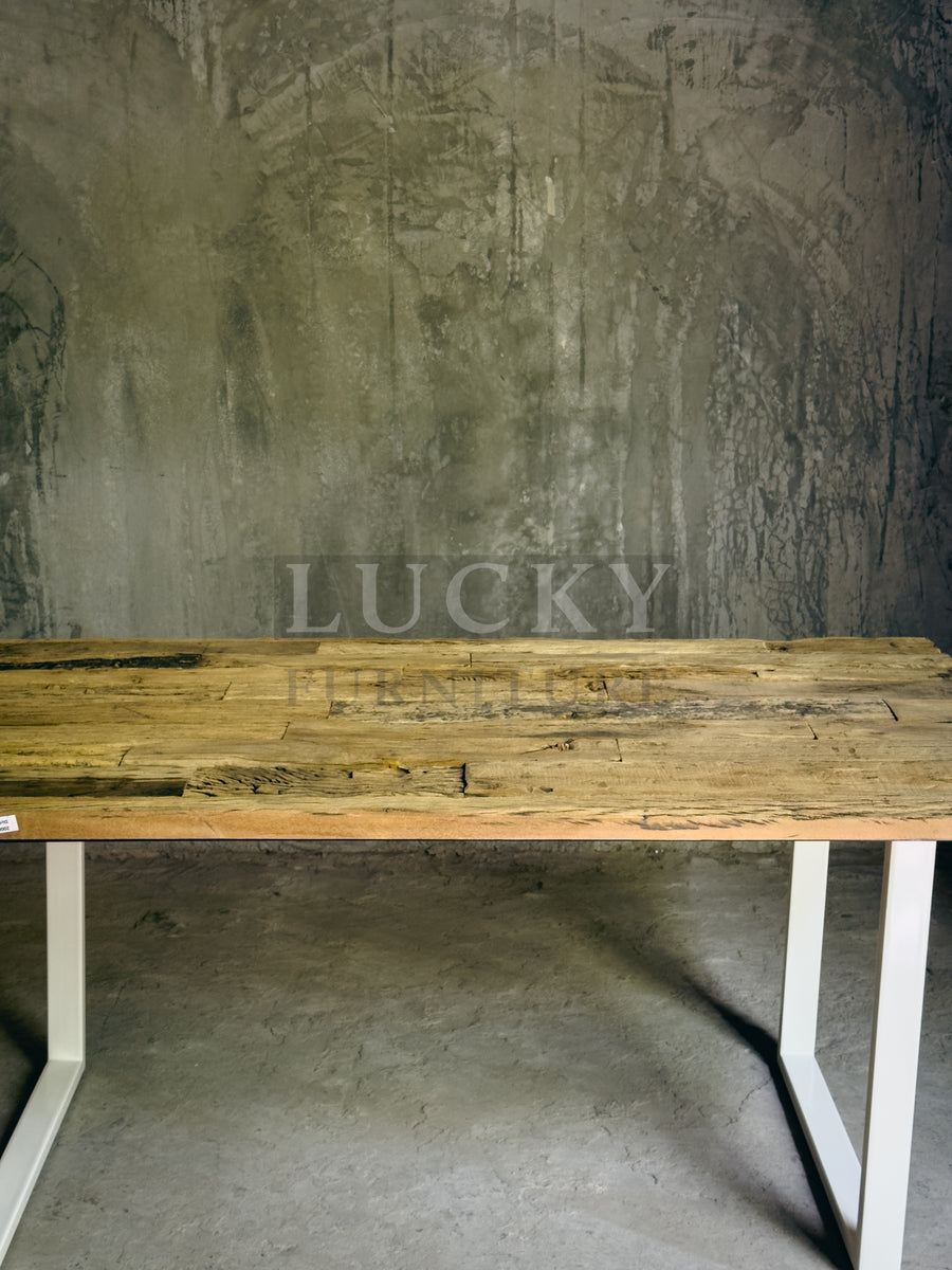 Rustic Teak Railway Sleeper Wood Dining Table with Glass Top