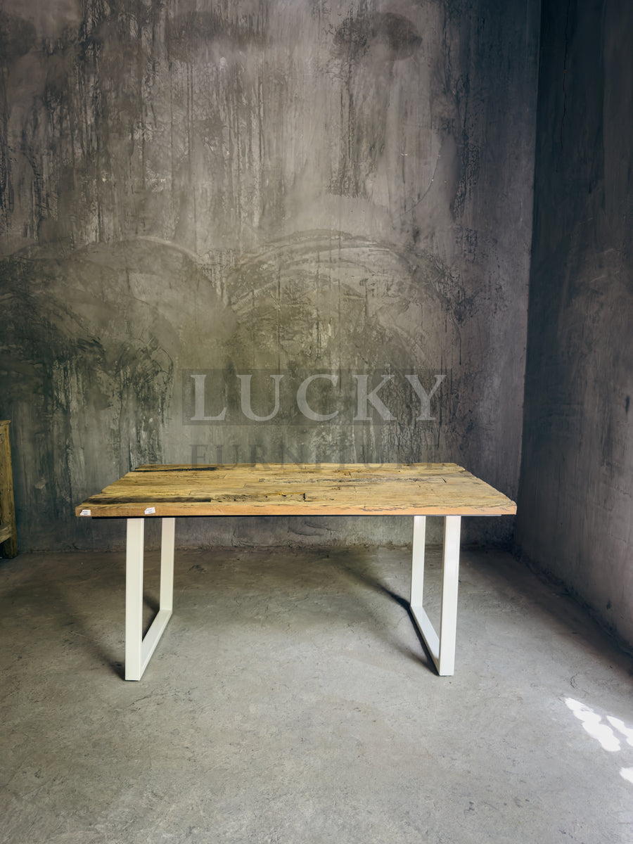 Rustic Teak Railway Sleeper Wood Dining Table with Glass Top