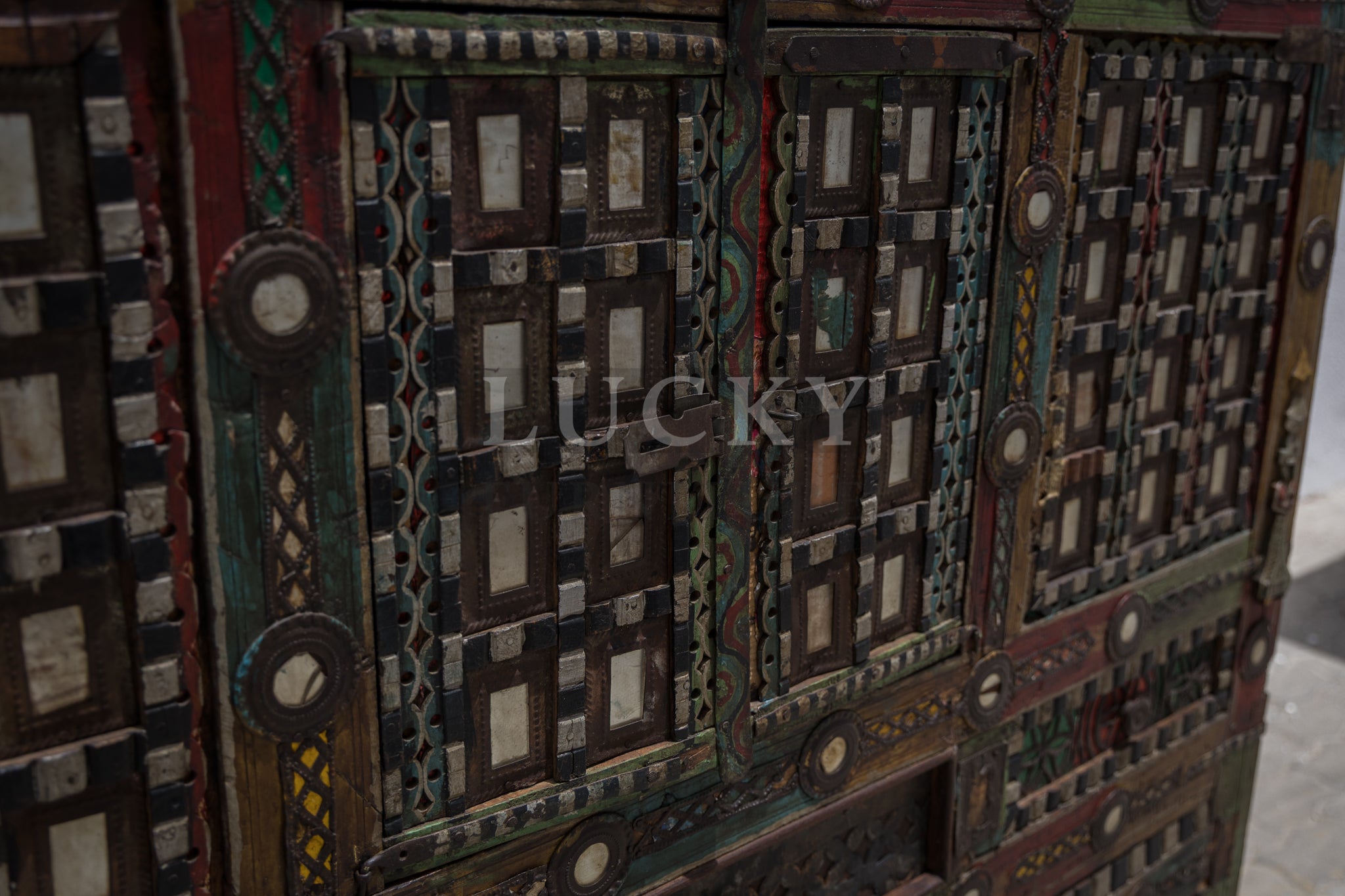 Vintage vibrant colors dowry chest teak wood 3