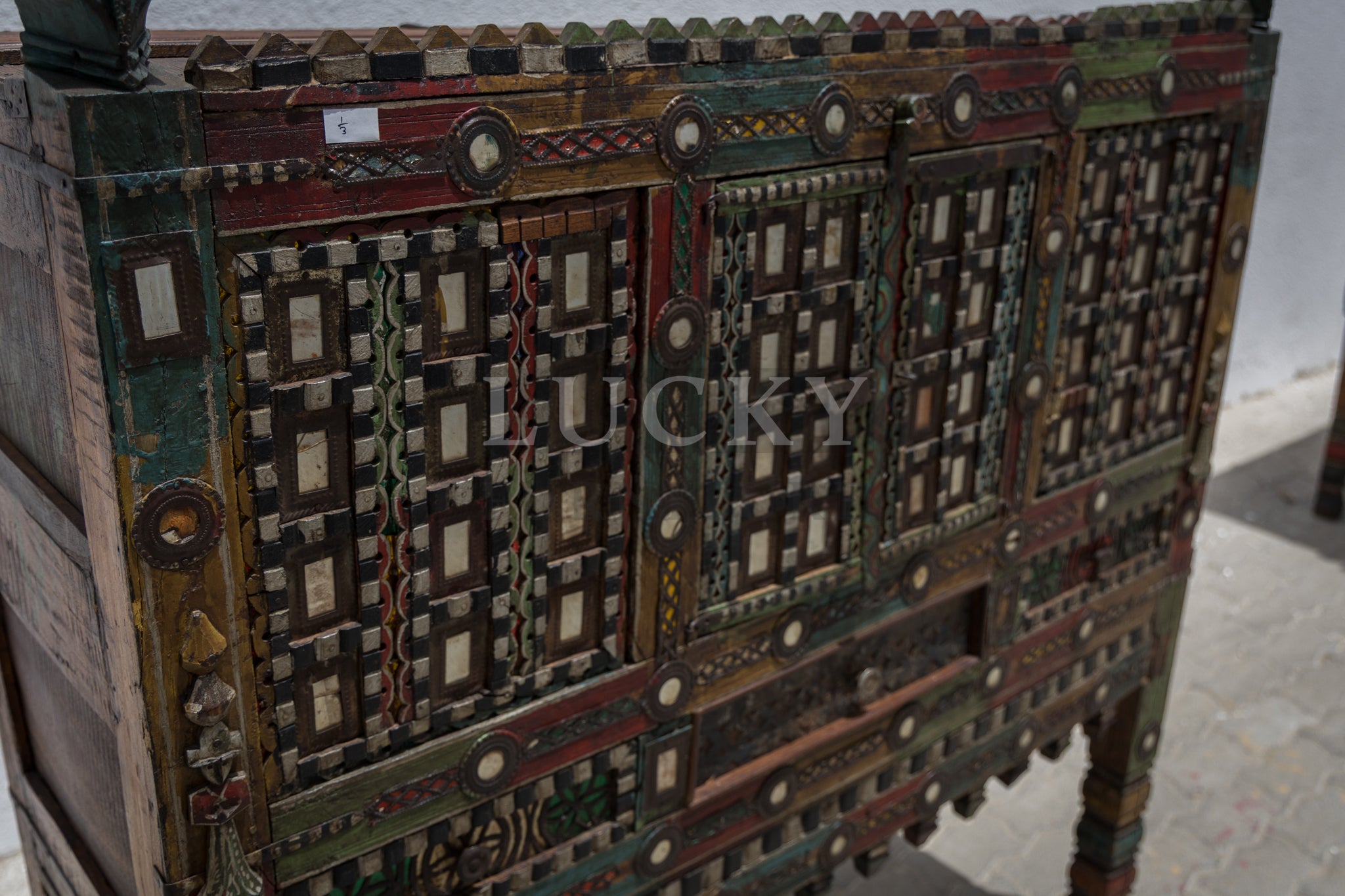 Vintage vibrant colors dowry chest teak wood 3