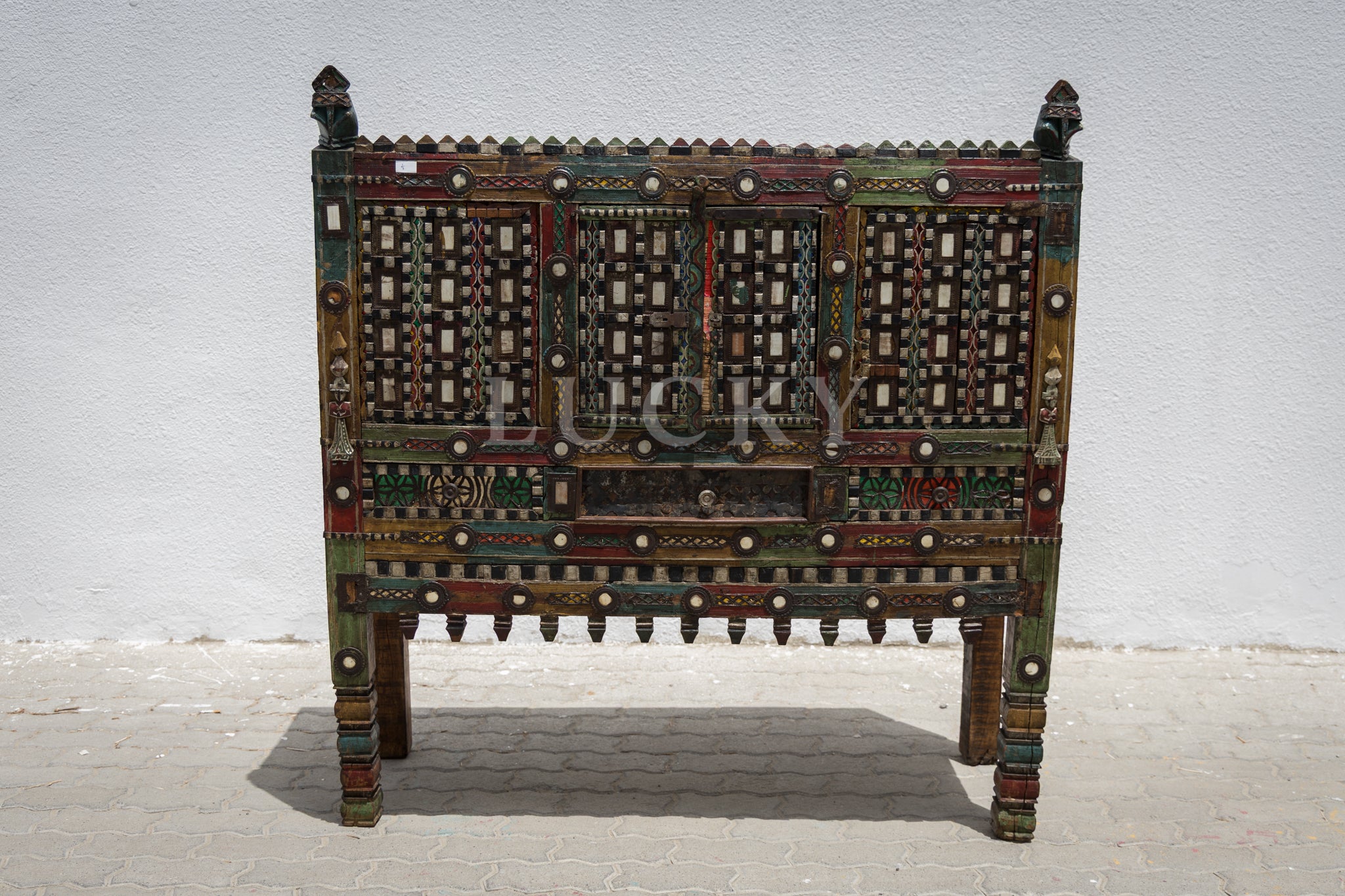 Vintage vibrant colors dowry chest teak wood 3
