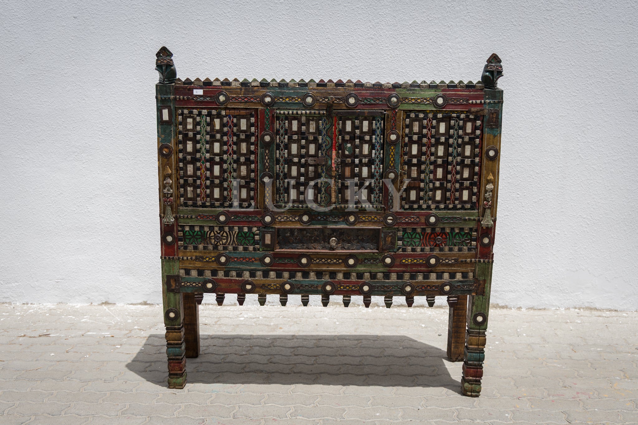 Vintage vibrant colors dowry chest teak wood 3