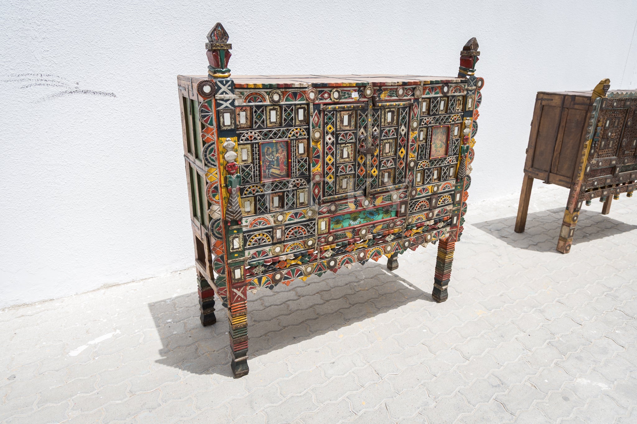 Vintage vibrant colors dowry chest teak wood 2