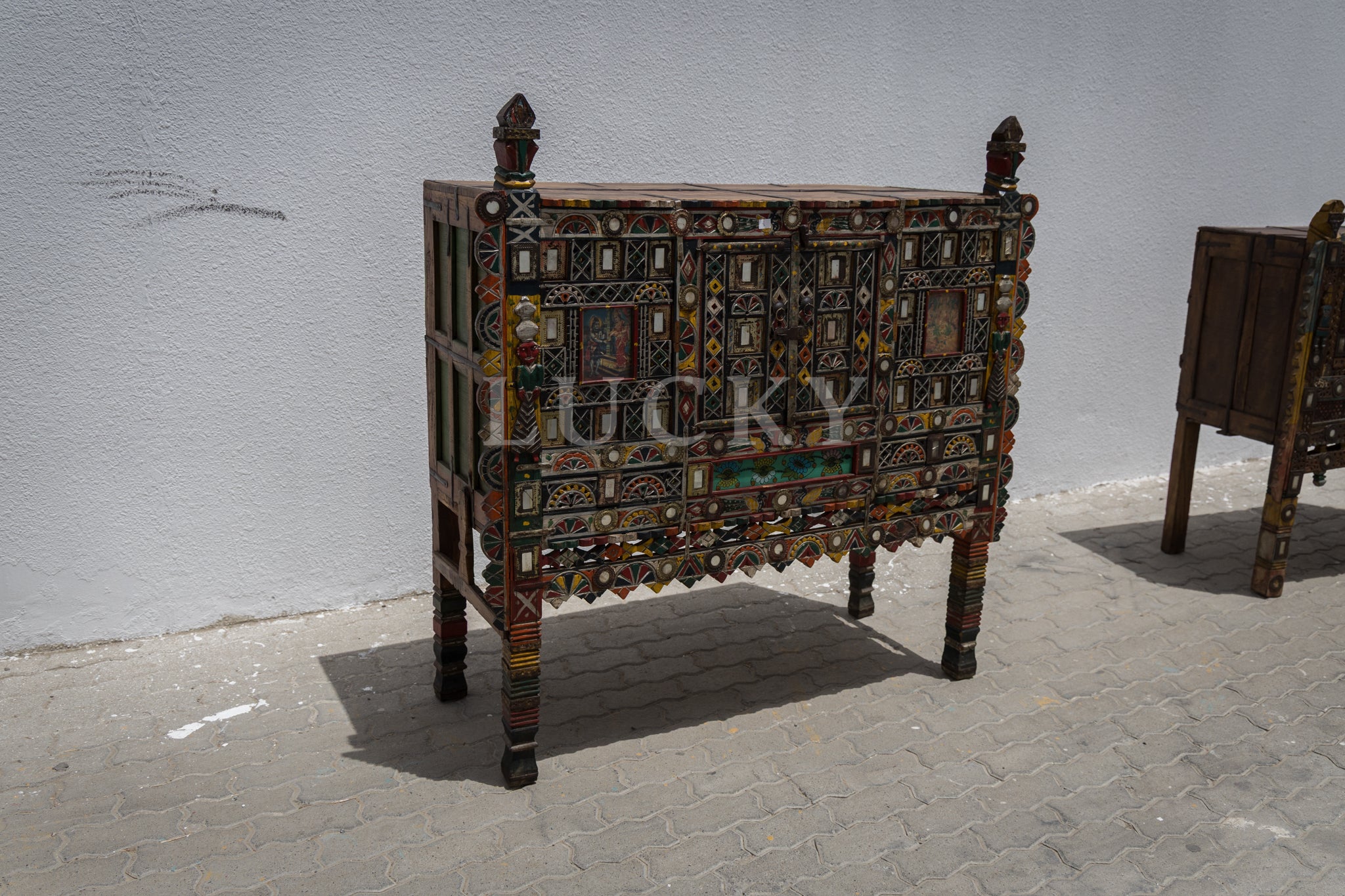 Vintage vibrant colors dowry chest teak wood 2