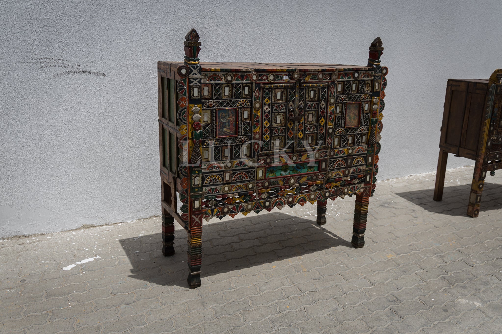 Vintage vibrant colors dowry chest teak wood 2