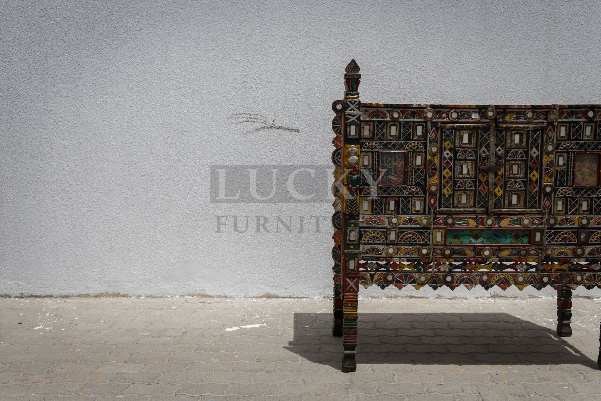 Vintage vibrant colors dowry chest teak wood 2