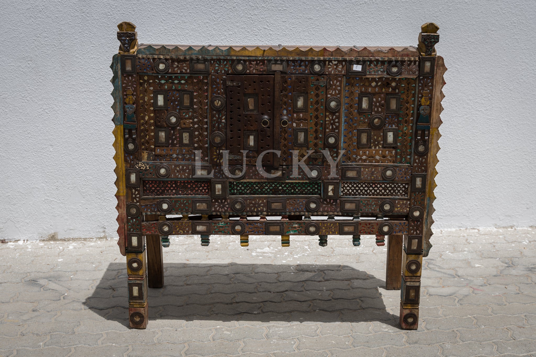 Vintage vibrant colors dowry chest teak wood