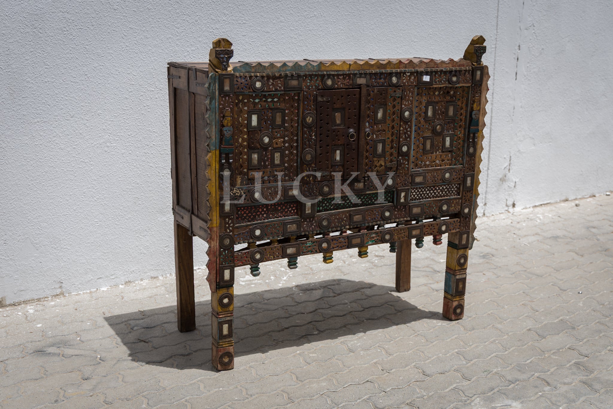 Vintage vibrant colors dowry chest teak wood