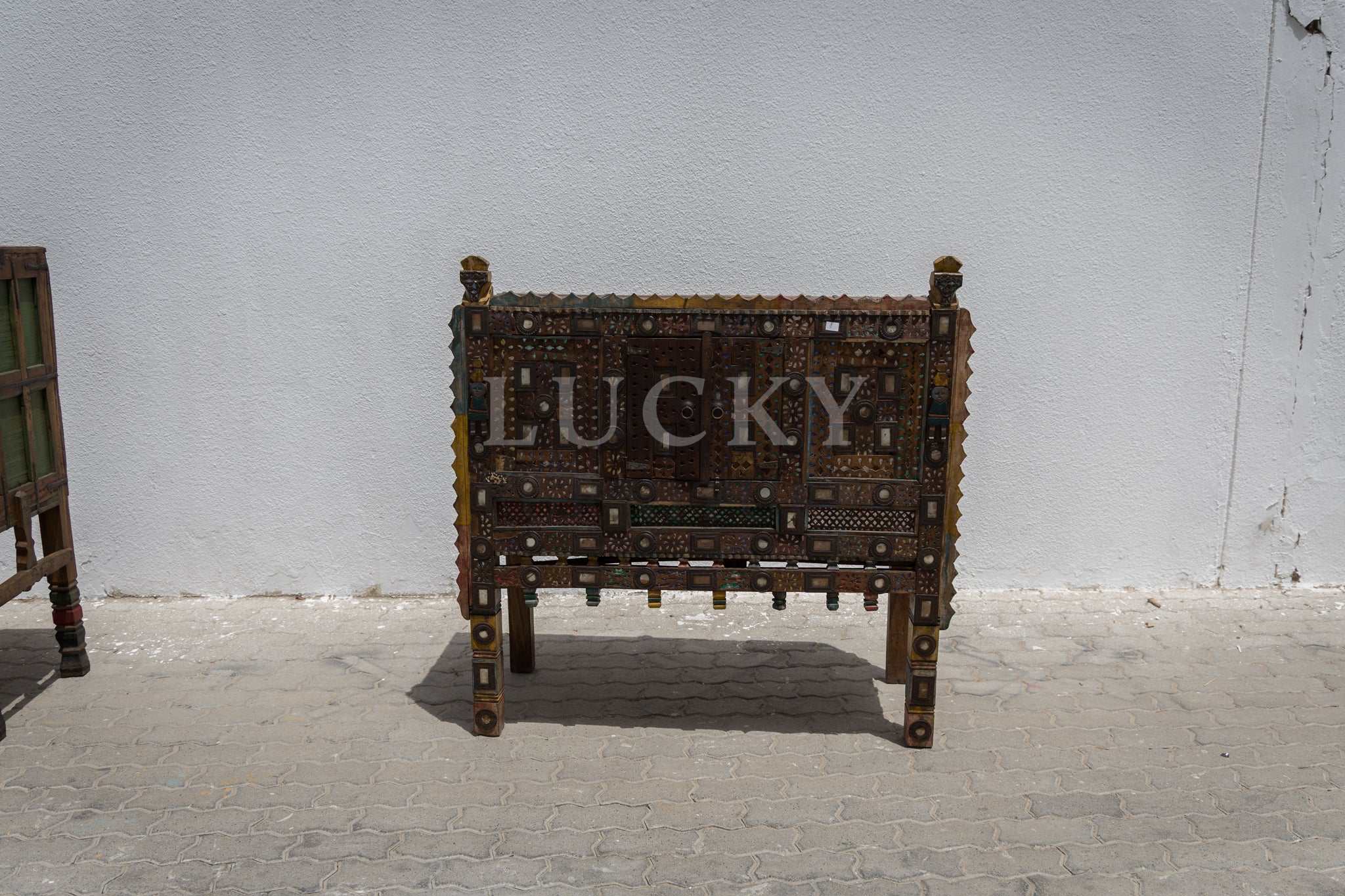 Vintage vibrant colors dowry chest teak wood