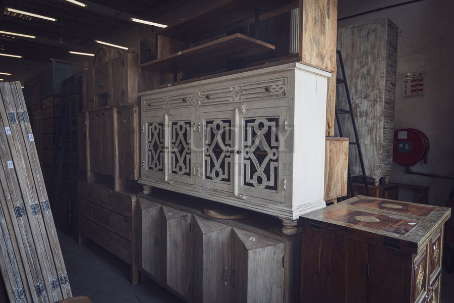 Distress white wash sideboard with glass doors