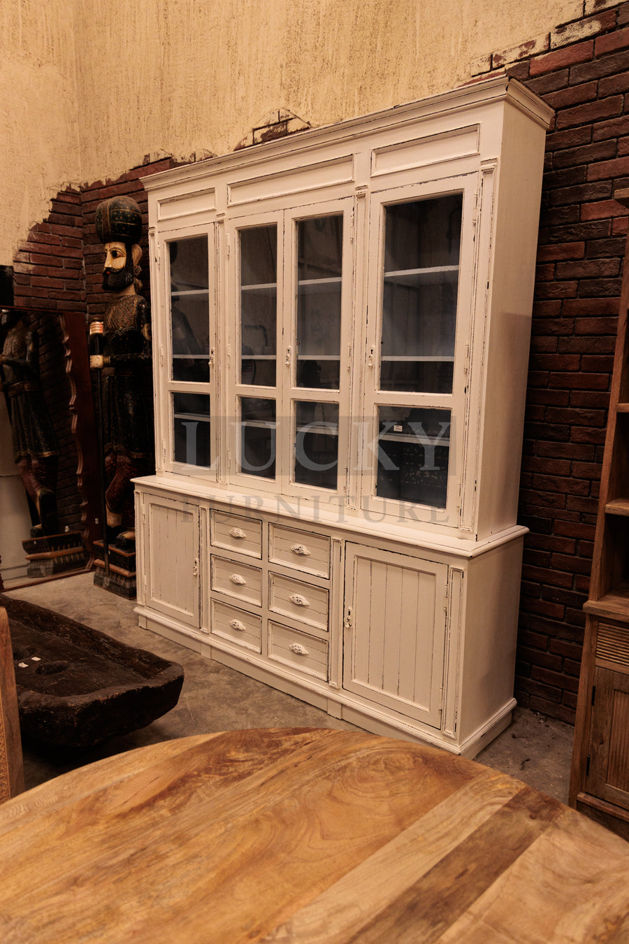 2 part wooden glass cabinet mango wood (White distressed)