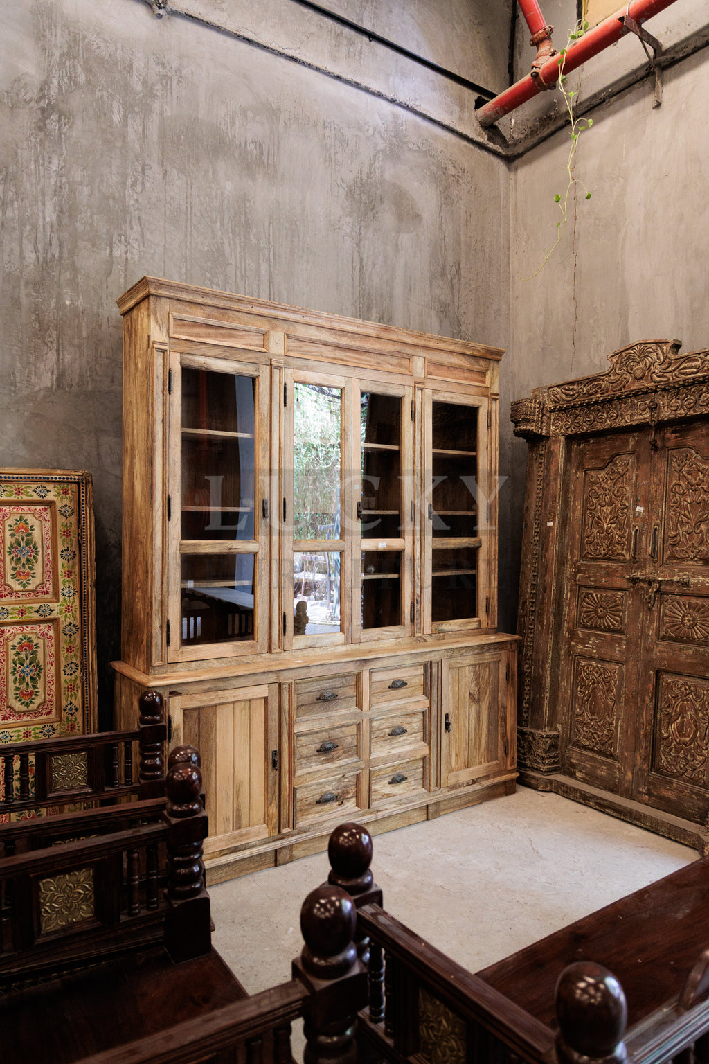 2 part wooden glass cabinet mango wood (Natural)