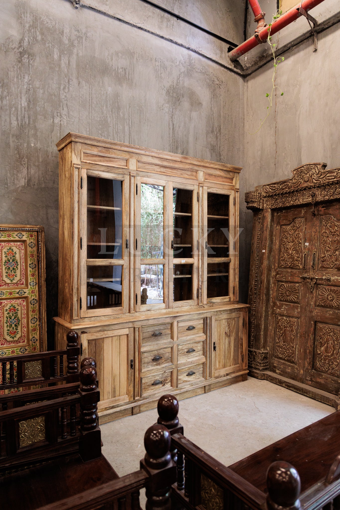 2 part wooden glass cabinet mango wood (Natural)