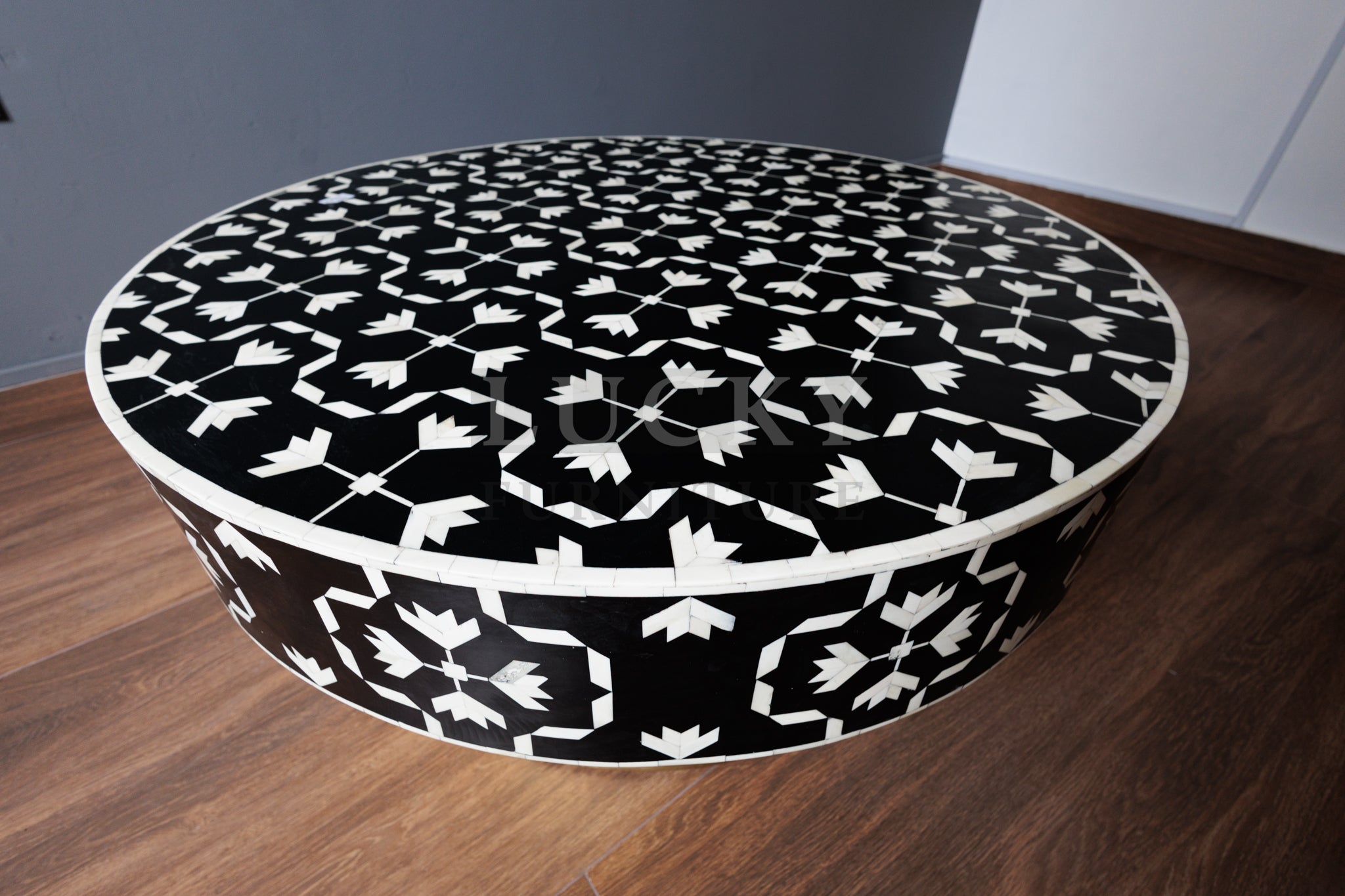 Bone inlay kaleido design black and white round coffee table