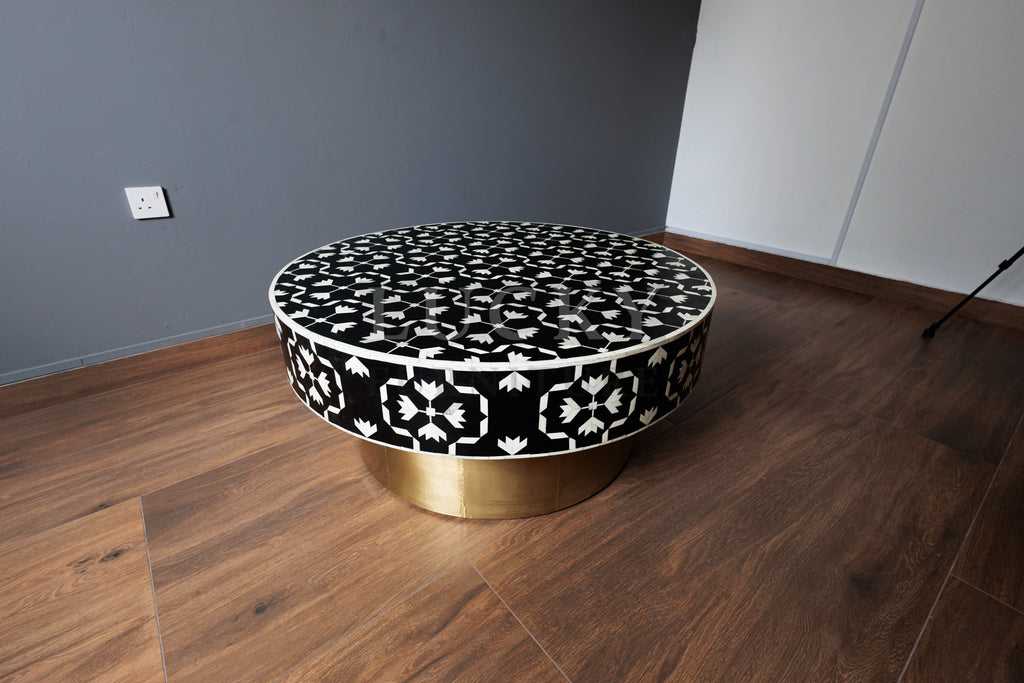 Bone inlay kaleido design black and white round coffee table