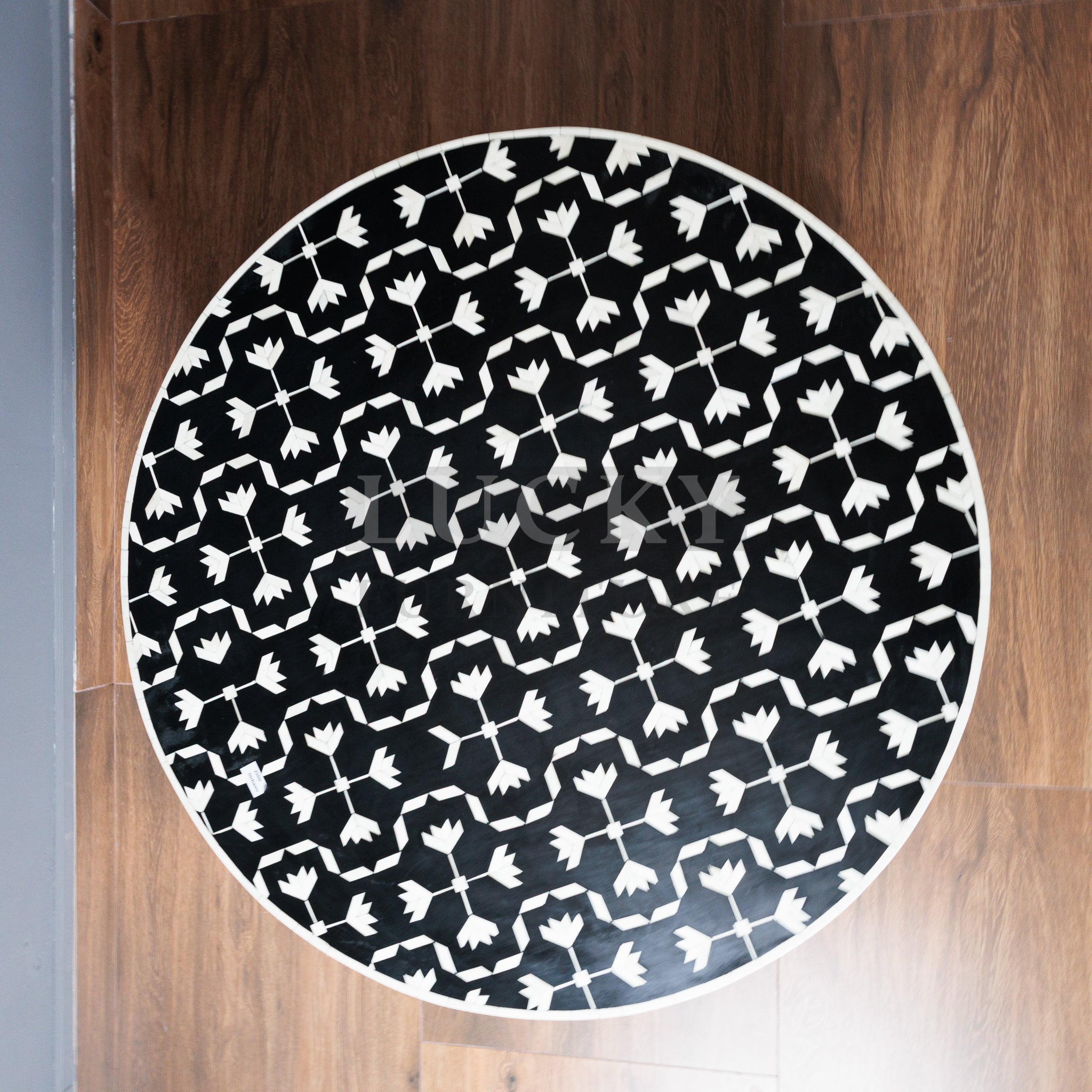 Bone inlay kaleido design black and white round coffee table