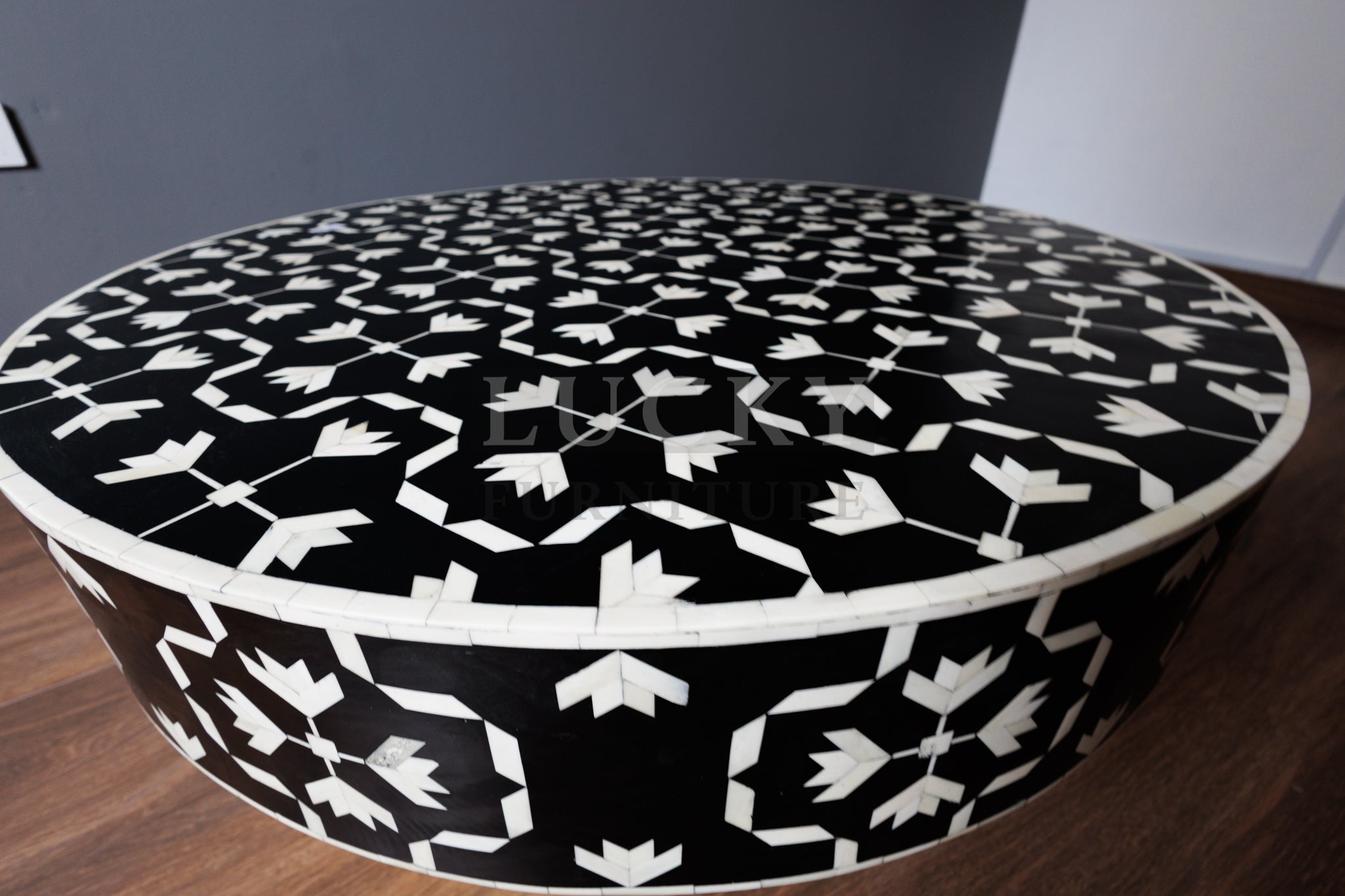 Bone inlay kaleido design black and white round coffee table