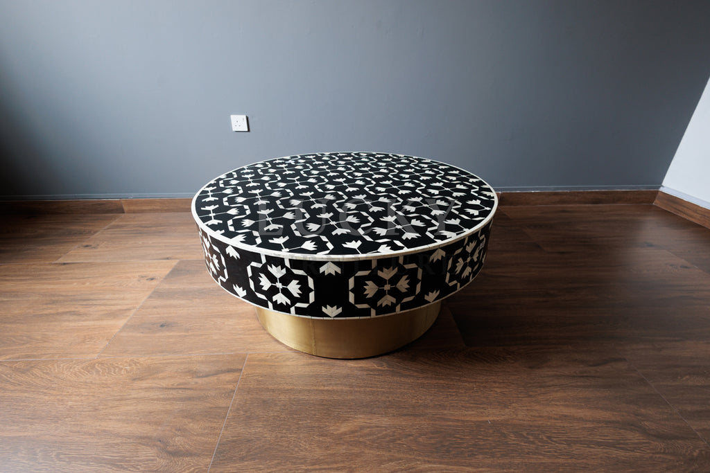 Bone inlay kaleido design black and white round coffee table