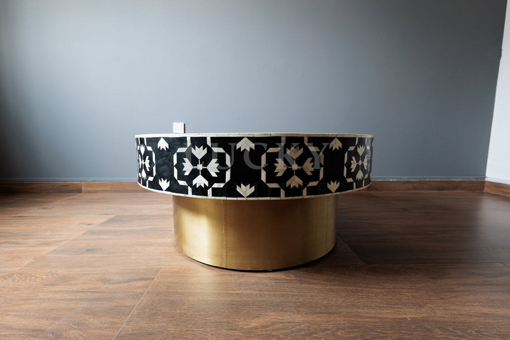 Bone inlay kaleido design black and white round coffee table