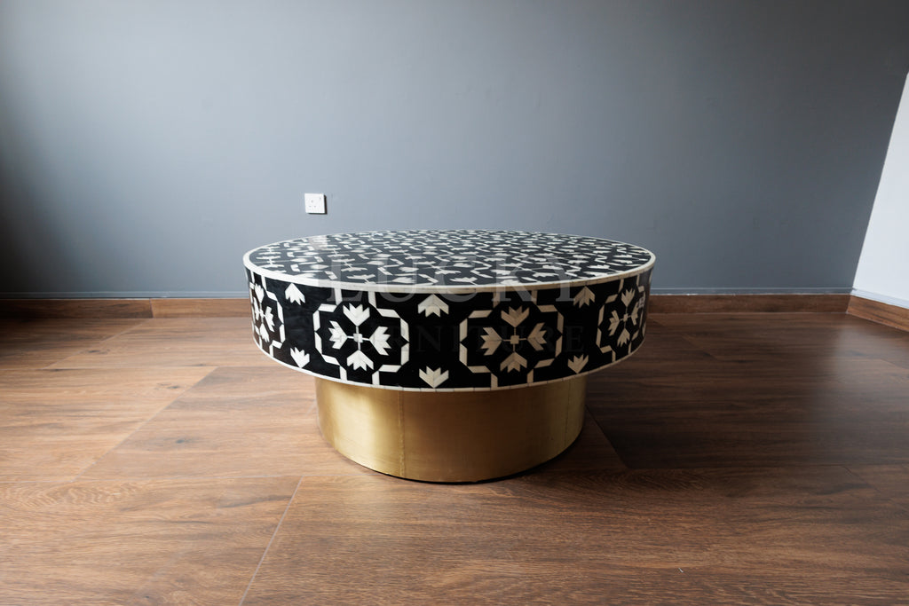 Bone inlay kaleido design black and white round coffee table