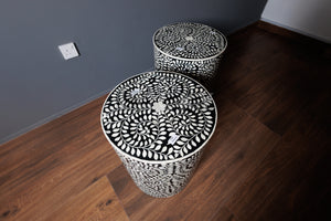 Floral bone inlay side table black and white