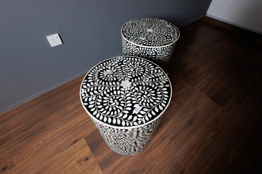 Floral bone inlay side table black and white