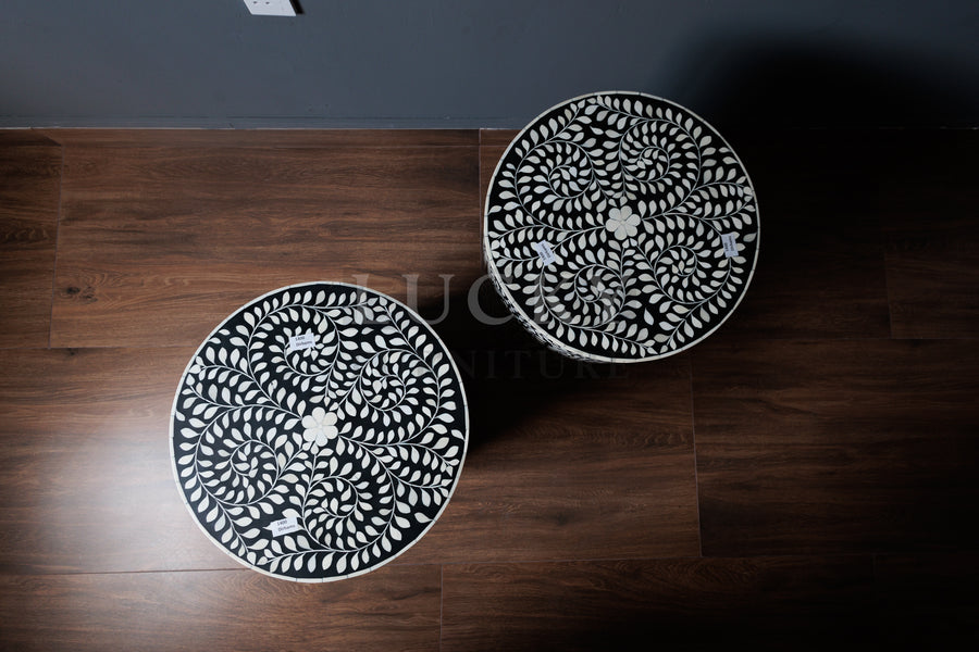 Floral bone inlay side table black and white