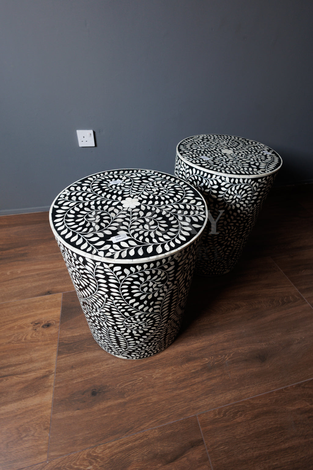 Floral bone inlay side table black and white