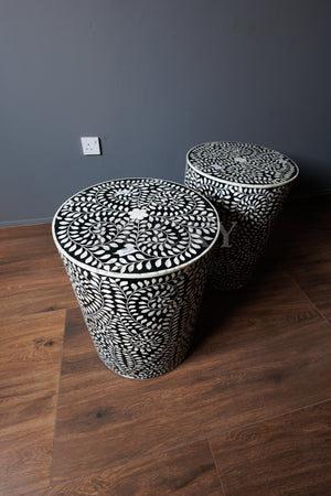 Floral bone inlay side table black and white