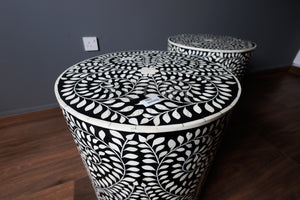 Floral bone inlay side table black and white