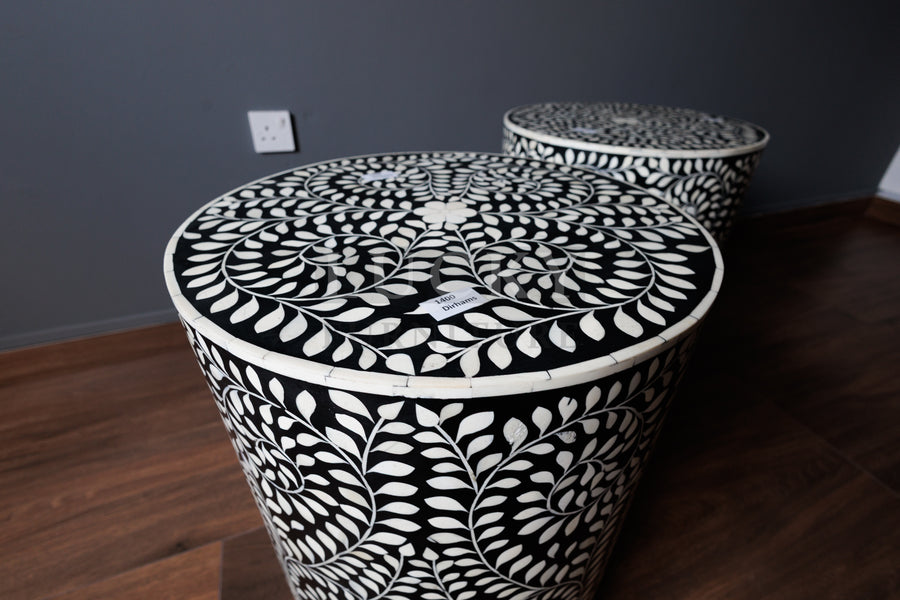 Floral bone inlay side table black and white