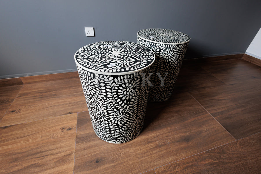 Floral bone inlay side table black and white