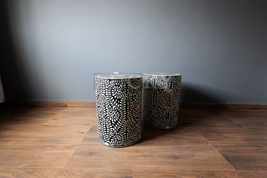 Floral bone inlay side table black and white