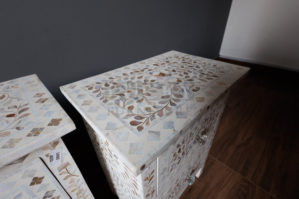 Mother of pearl inlay bedside side table white color