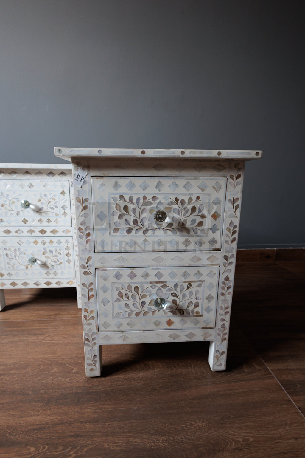 Mother of pearl inlay bedside side table white color