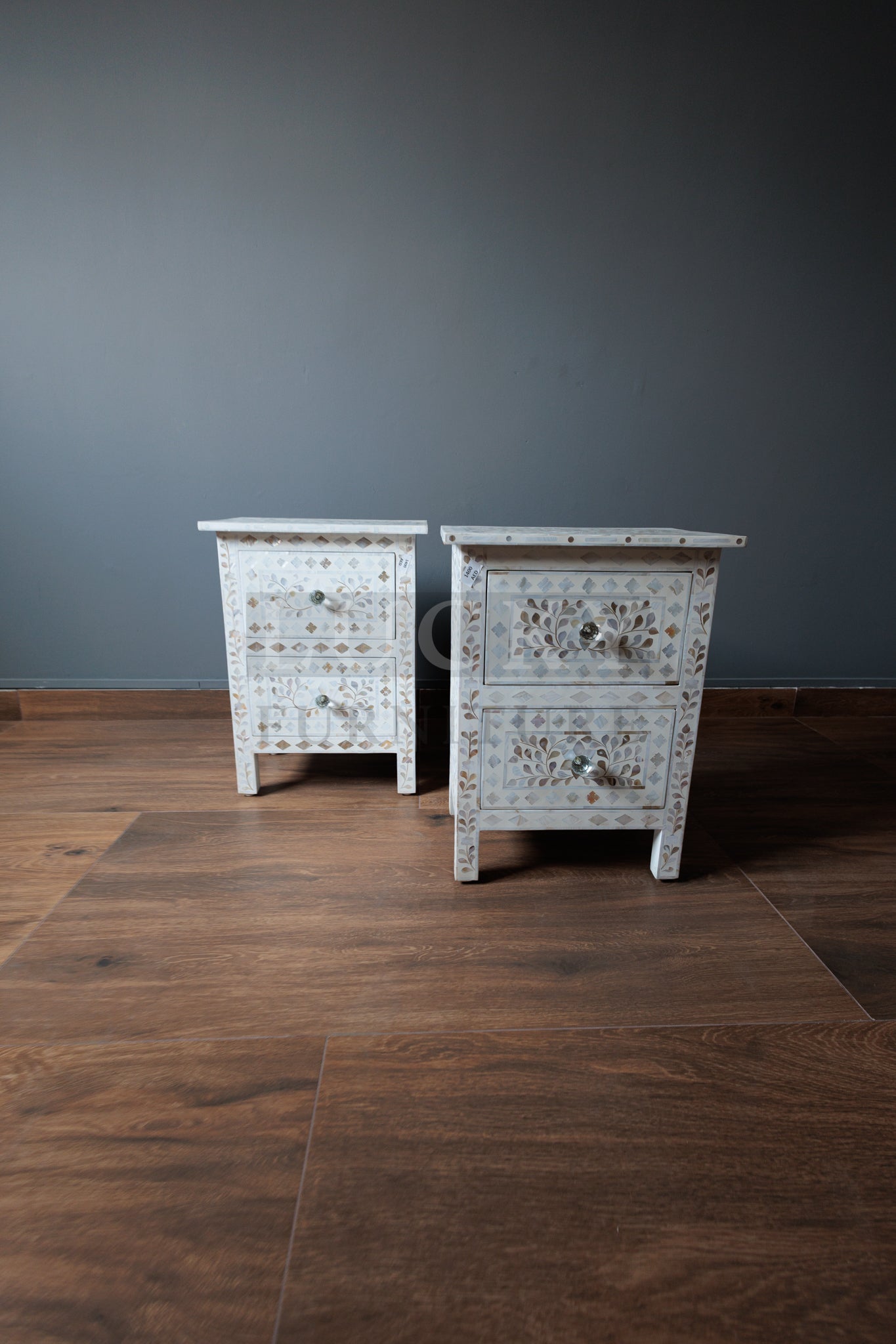 Mother of pearl inlay bedside side table white color