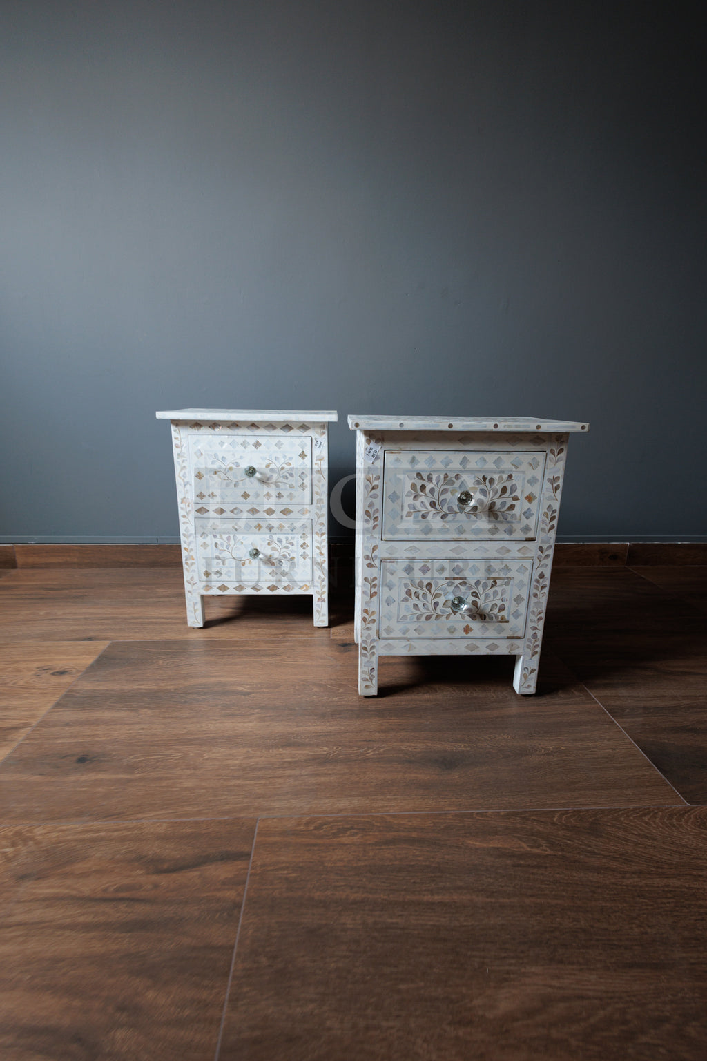 Mother of pearl inlay bedside side table white color