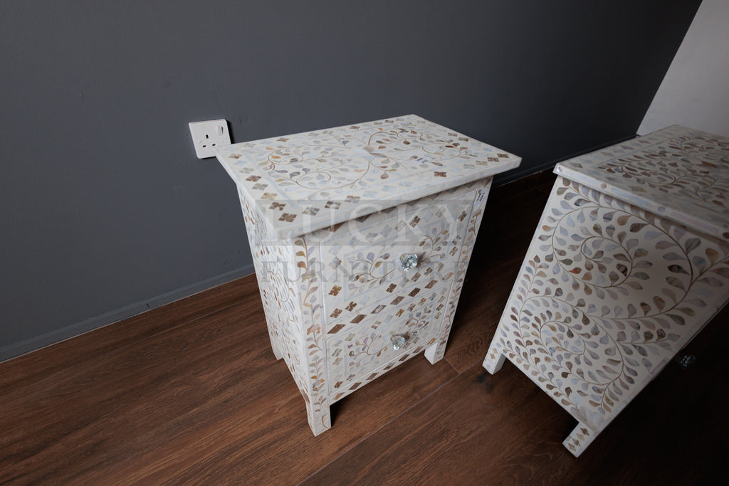 Mother of pearl inlay bedside side table white color