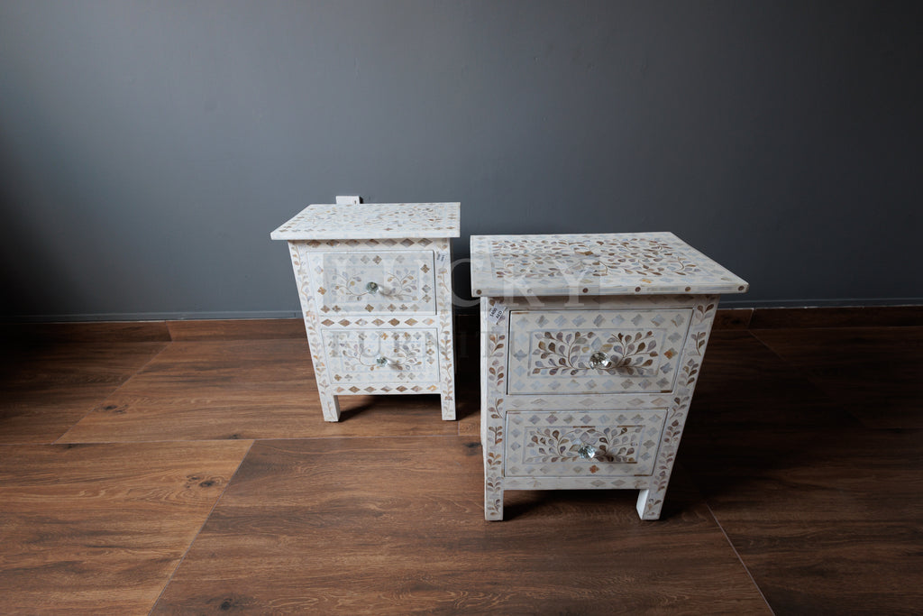Mother of pearl inlay bedside side table white color