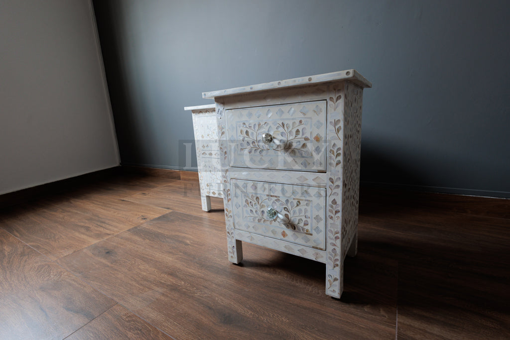 Mother of pearl inlay bedside side table white color