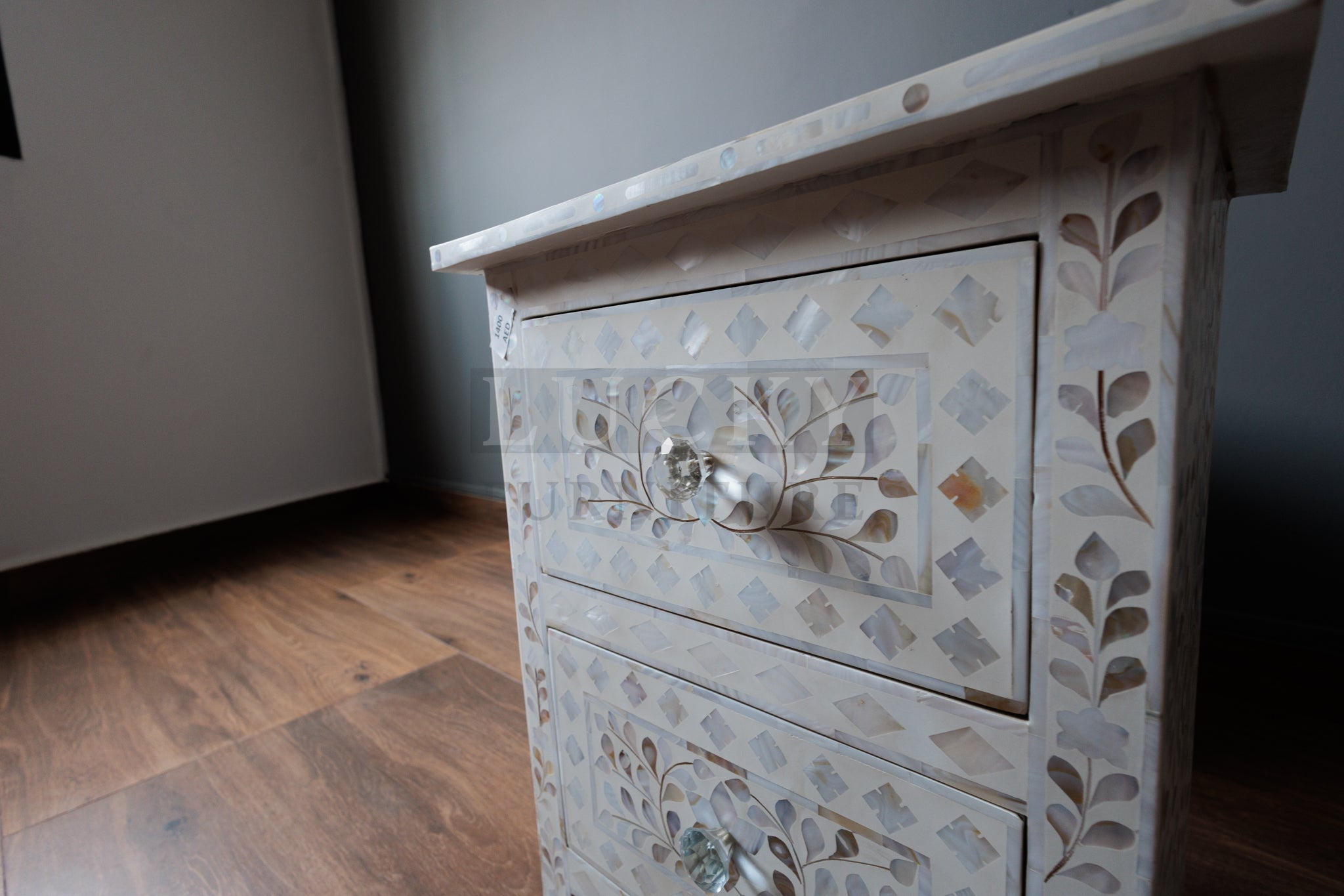 Mother of pearl inlay bedside side table white color